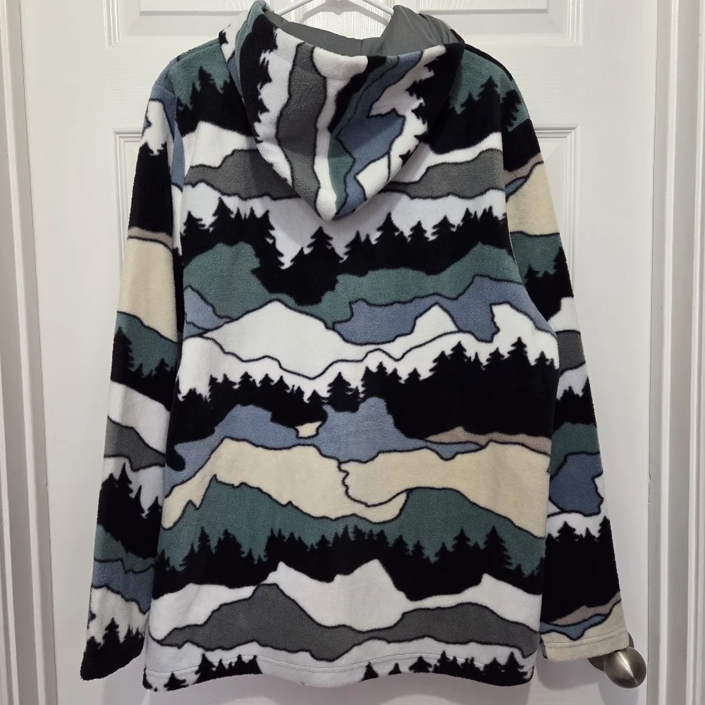 Free Nature Mountain Pattern Full Zip up Polar Fleece Hooded Jacket Size Large